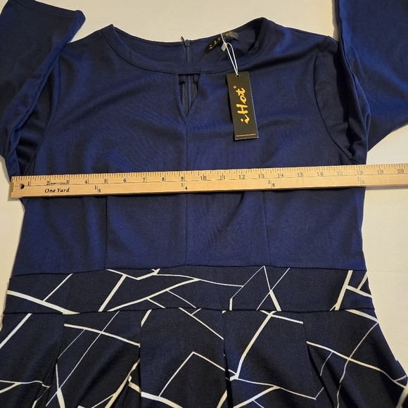 iHot Navy Blue 3/4 Sleeve Midi Pockets Fit and Flare A-Line Swing Dress Sz XL - Picture 8 of 16